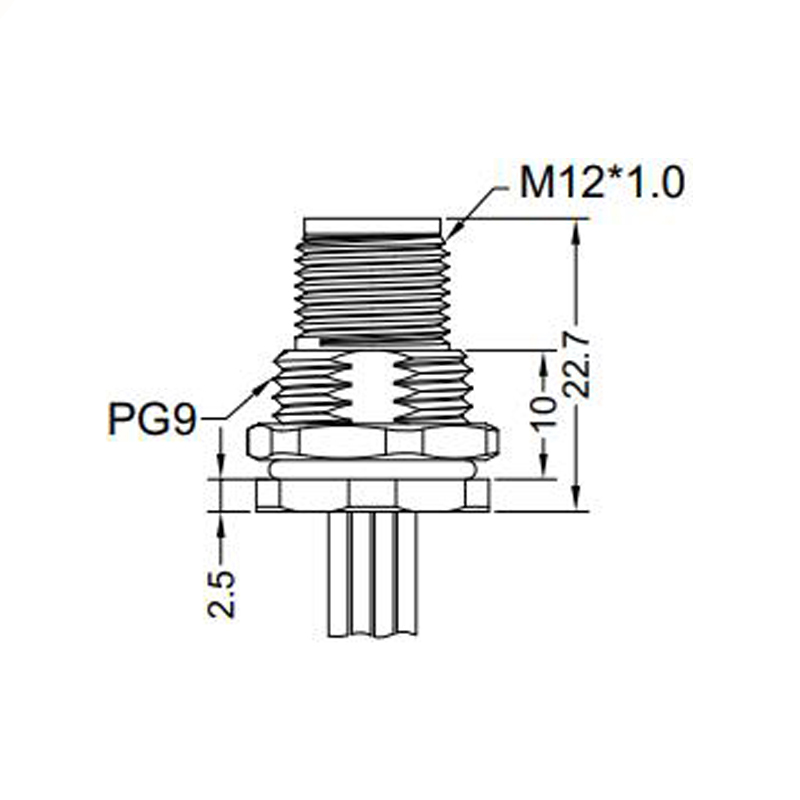 M12 3pins A code male straight front panel mount connector PG9 thread,unshielded,single wires,brass with nickel plated shell